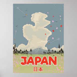 Poster Japon Mont Fuji style vintage dessin animé