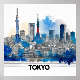 Poster Japon Tokyo Skyline - Aquarelle Tokyo Skyline
