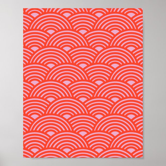 Poster Japon Vague Seigaiha Motif rose rouge (Devant)