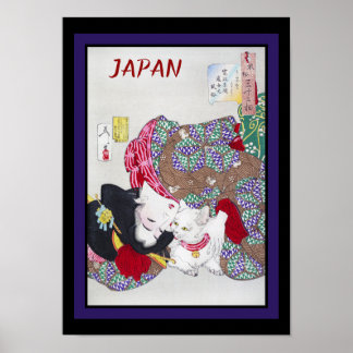 Poster Japon Voyage Vintage Art Chat et Kimono