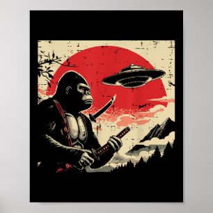 Poster Japonais Bigfoot Samurai Ufo Sasquatch Vintage