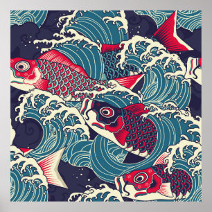 Poster Japonais coloré Koi/carpe poisson dans la soudure