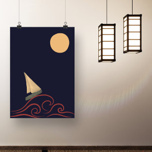 Poster Japonais Mid Century Lune Vague Minimaliste Modern