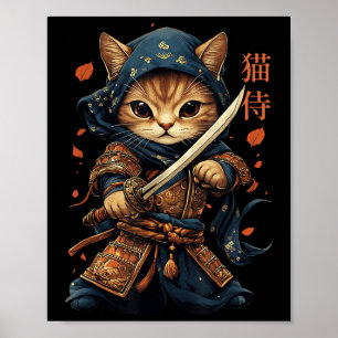 Poster Japonais Samurai Chat Tattoo Kawaii Ninja Chat Cha