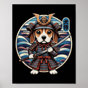 Poster Japonais Samurai Chien Tattoo, Beagle Kawaii Ninja