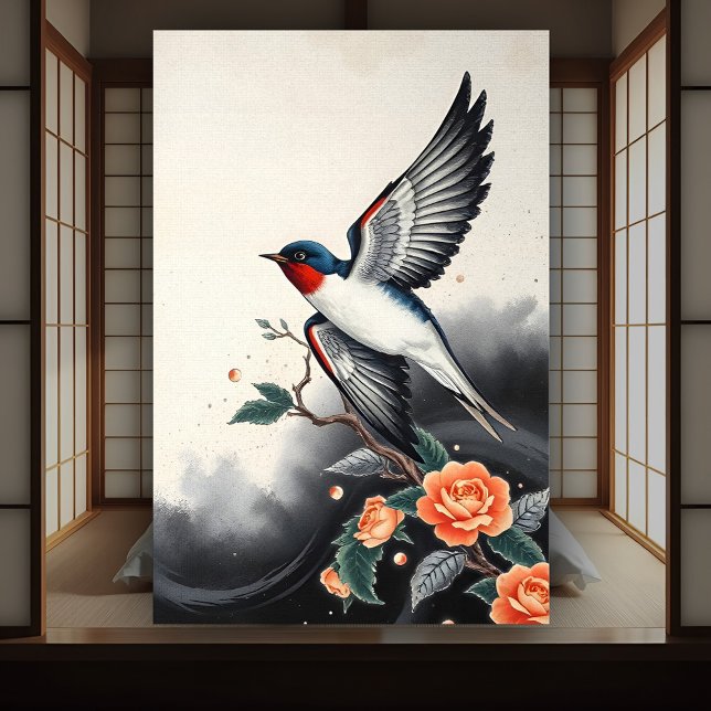 Poster Japonais traditionnel Élégant Vol Avales Oiseau (Swallow in flight poster art with orange rose flowers in the style of traditional Japanese art.)