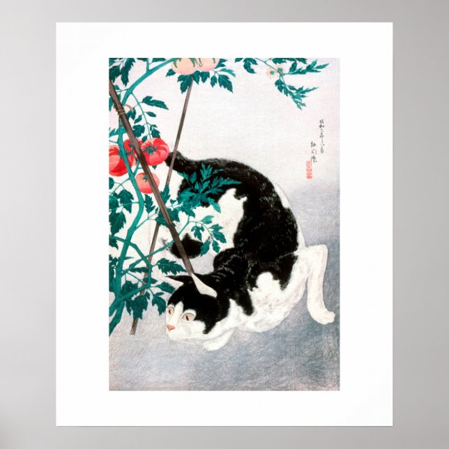 POSTER : JAPONAIS WOODBLOCK : Chat avec tomate (Devant)