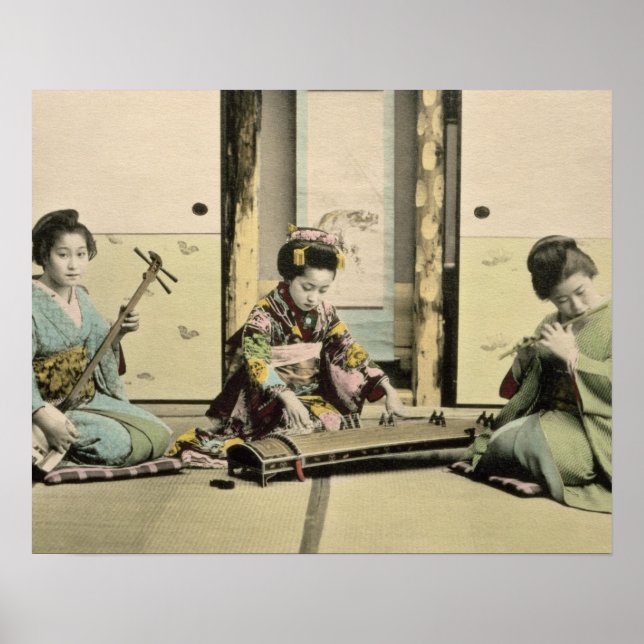 Poster Japonaises jouant de la flûte, 'koto' et samis (Devant)