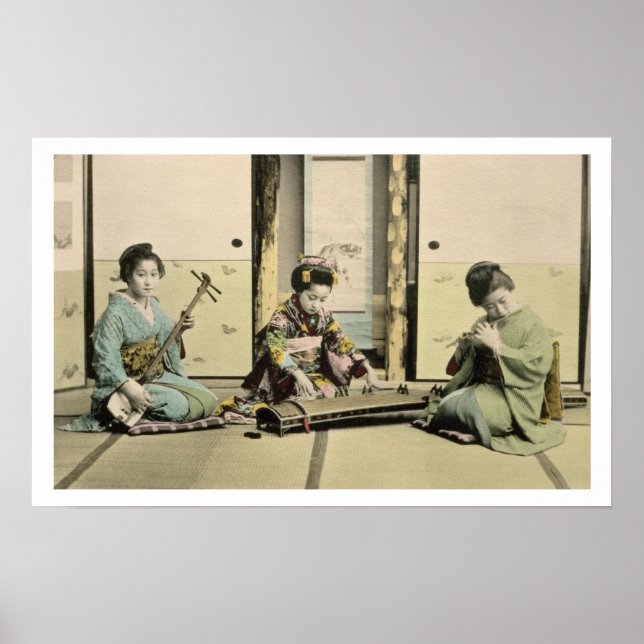 Poster Japonaises jouant de la flûte, 'koto' et samis (Devant)