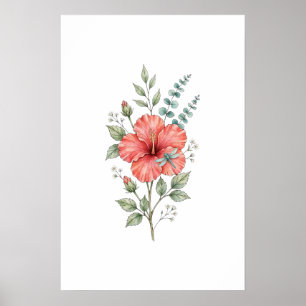 Poster Jardin à l'aquarelle de l'hibiscus de la libellule