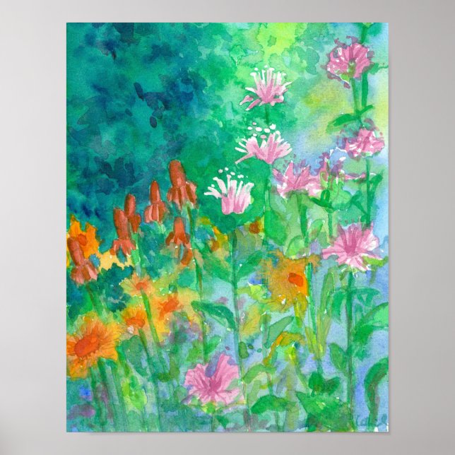 Poster Jardin aux fleurs rose beige (Devant)