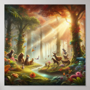 Poster Jardin avec animaux parlants et flore fantastique.