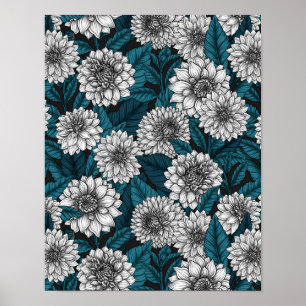 Poster Jardin blanc Dahlia / feuilles bleus 2