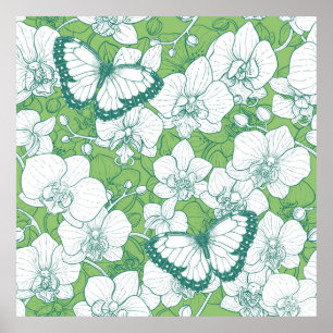 Poster Jardin botanique d'orchidées avec papillons en ver