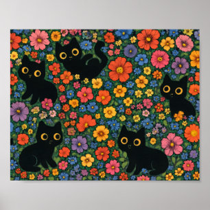 Poster Jardin d'art Kawaii Motif floral de chat noir mi