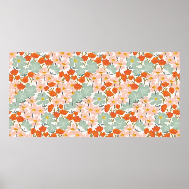 Poster Jardin de belles fleurs dessinées à la main en ros (Devant)