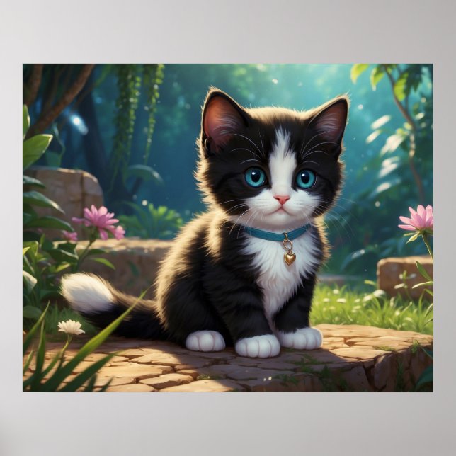 Poster *~* Jardin de fleurs Chat Kitty 5:4 Félin Chatons (Devant)