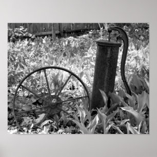 Poster Jardin de fleurs de roue de pompe rouillée noir et