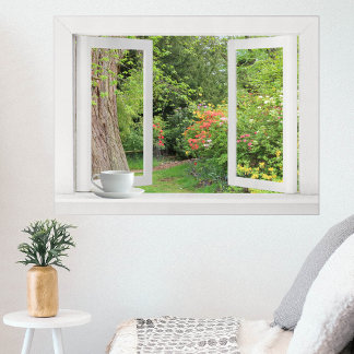 Poster Jardin de fleurs - Fenêtre ouverte avec jolie vue
