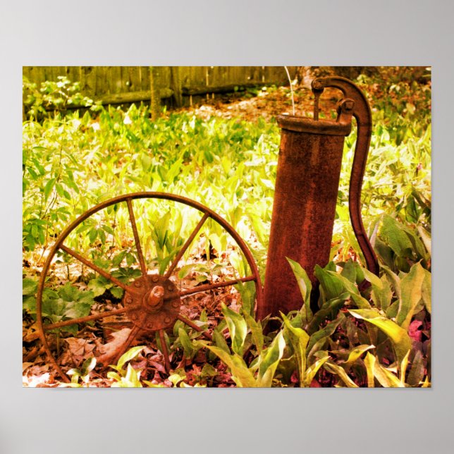 Poster Jardin de fleurs roue et pompe rouillées teintées (Devant)