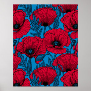 Poster Jardin de pavot rouge sur bleu