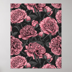 Poster Jardin de pivoine nocturne rose et gris