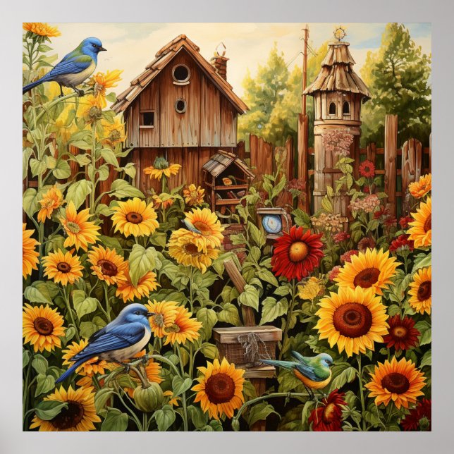 Poster Jardin de tournesol 4 Maisons d'oiseaux Oiseaux bl (Devant)