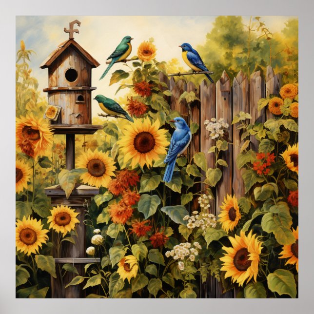 Poster Jardin de tournesol 5 Maisons d'oiseaux Oiseaux bl (Devant)