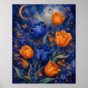 POSTER JARDIN DE TULIPES AMBRE BLEU AU CLAIR DE LUNE