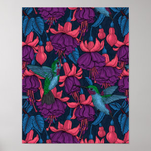 Poster Jardin des colibris en violet et bleu