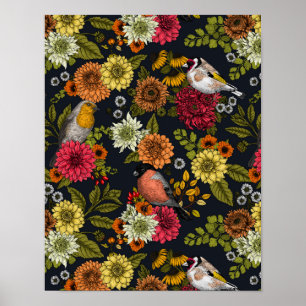Poster Jardin d'oiseaux et de fleurs 2