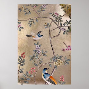 Poster Jardin d'or métallique Chinoiserie avec oiseaux ch