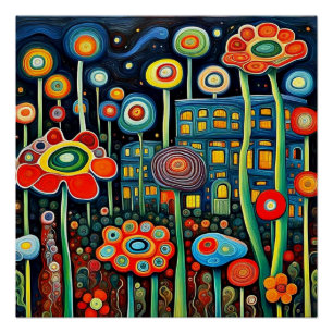 Poster Jardin fleuri nocturne