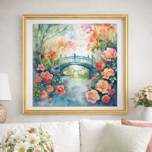 Poster Jardin floral du pont à l'aquarelle