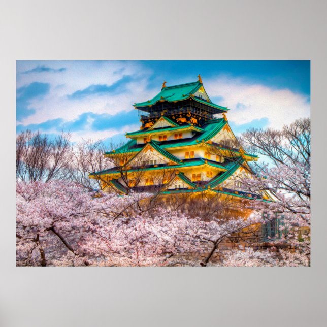 Poster Jardin Japonais Pagode Et Sakura À Osaka, Japon (Devant)