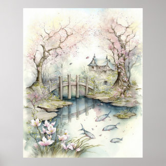Poster Jardin japonais traditionnel au printemps