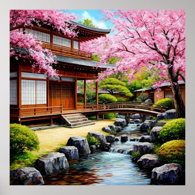 Poster Jardin Japonais Traditionnel Aux Fleurs De Cerisie (Devant)