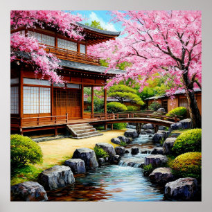 Poster Jardin Japonais Traditionnel Avec Cerisiers en Fle