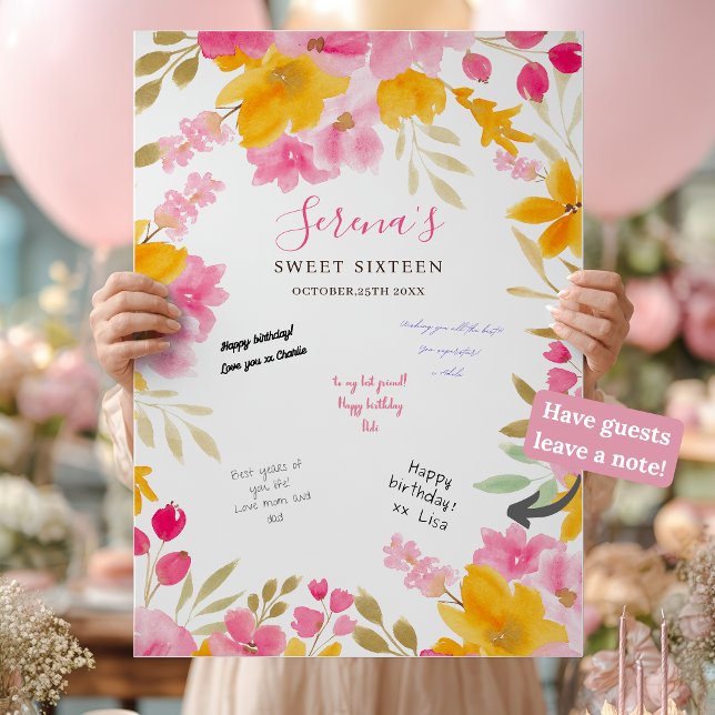 Poster Jardin jaune rose fleuri Sweet 16 Panneau de signa (Garden yellow pink floral Sweet 16 Signing Board Poster)