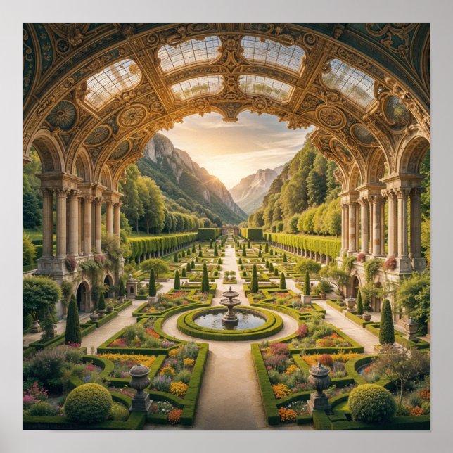 Poster Jardin majestueux à l'aube - Élégance architectura (Devant)