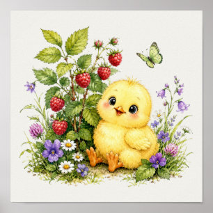 Poster Jardin mignon de bébé poussin à l'aquarelle