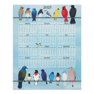 Poster jardin oiseaux 2025 calendrier mural