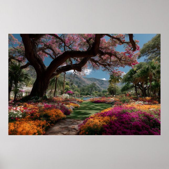 Poster Jardin paradisiaque avec vue sur un arbre en fleur (Devant)
