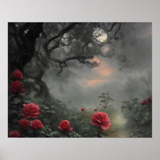 Poster Jardin rose sauvage - moody forêt foncée pleine lu