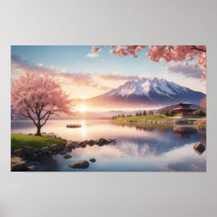 Poster Jardin Sakura coucher de soleil avec vue sur la mo