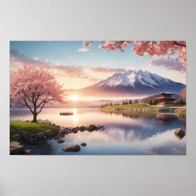 Poster Jardin Sakura coucher de soleil avec vue sur la mo (Devant)