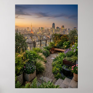 Poster Jardin sur le Toit de Tokyo au Coucher du Soleil
