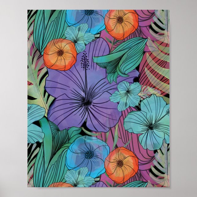 Poster Jardin tropical de fleurs violettes hibiscus Parad (Devant)