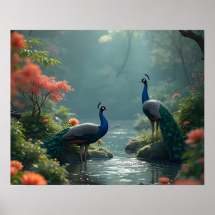 Poster jardin zen avec paons