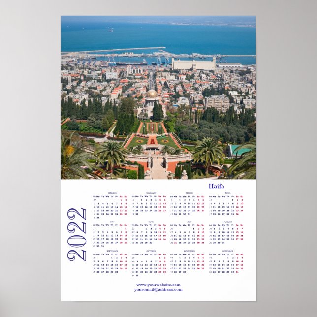 Poster Jardins Bahá'í, Haïfa, Calendrier Israël 2022 Post (Devant)